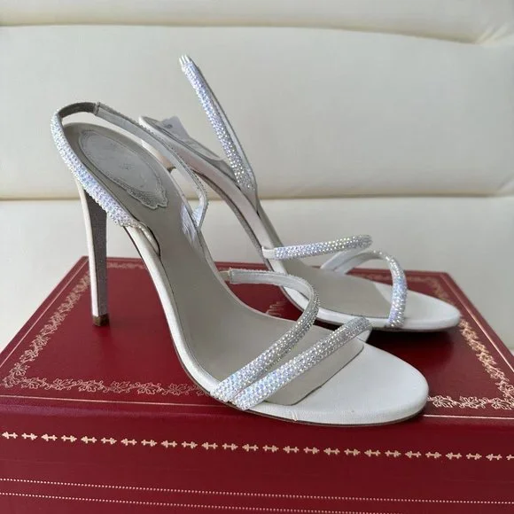 NEW Rene Caovilla Embellished Halter Cocktail Sandals SZ 38 White Crystal - Picture 2 of 9